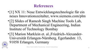 References
•[1] NX 11: Neue Entwicklungstechnologie für ein
neues Innovationszeitalter, www.siemens.com/plm
•[2] Slides of Ramesh Singh Machine Tools Lab,
Department of Mechanical Engineering, Indian
Institute of Technology Bombay
•[3] Marion Marklein et. al.,Friedrich-Alexander-
Universität Erlangen-Nürnberg, Egerlandstr. 13,
91058 Erlangen, Germany
33
Slides of Hybrid Additive Manufacturing - Somnath Chattopadhyaya
 