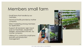 Members small farm
◦ Small farms that handle by our
members
◦ Technical facility provide by mother
company
◦ Direct marketing among members
by application
◦ Support all necessary agro inputs
such as machinery, equipment,
fertilizer, animal feed and etc. by
mother company
◦ Utilizing IT to control the small farms
process and production
management
45
© 2017 HAMED FAGHIRI (CHARLEY) ALL RIGHTS RESERVED.
 