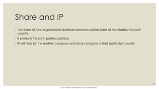 Share and IP
◦ The share of new organization distribute between parties base of the situation in each
country
◦ It protects the both parties positions
◦ IP will hold by the mother company and local company in that particular country
50
© 2017 HAMED FAGHIRI (CHARLEY) ALL RIGHTS RESERVED.
 