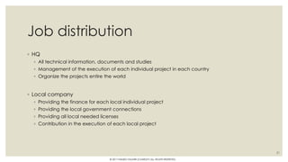 Job distribution
◦ HQ
◦ All technical information, documents and studies
◦ Management of the execution of each individual project in each country
◦ Organize the projects entire the world
◦ Local company
◦ Providing the finance for each local individual project
◦ Providing the local government connections
◦ Providing all local needed licenses
◦ Contribution in the execution of each local project
51
© 2017 HAMED FAGHIRI (CHARLEY) ALL RIGHTS RESERVED.
 