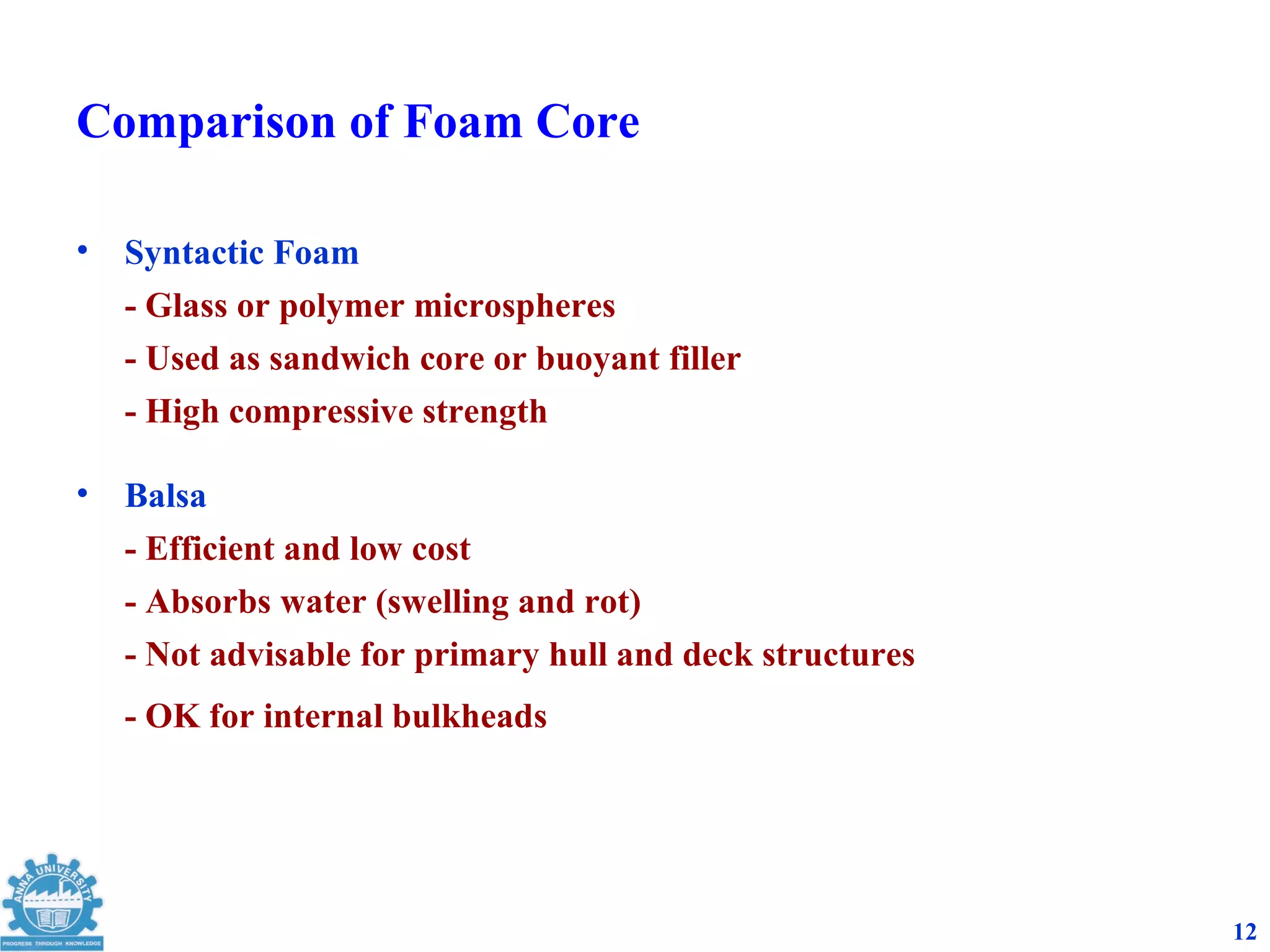 Comparison of Foam Core

•   Syntactic Foam
    - Glass or polymer microspheres
    - Used as sandwich core or buoyant filler
    - High compressive strength

•   Balsa
    - Efficient and low cost
    - Absorbs water (swelling and rot)
    - Not advisable for primary hull and deck structures
    - OK for internal bulkheads




                                                           12
 