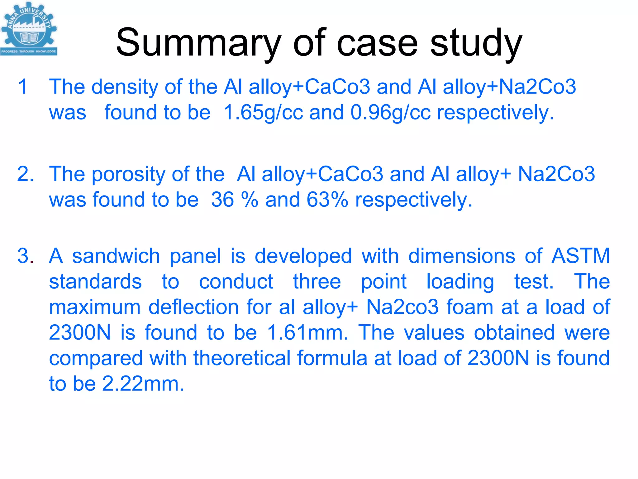 Summary of case study
1 The density of the Al alloy+CaCo3 and Al alloy+Na2Co3
  was found to be 1.65g/cc and 0.96g/cc respectively.

2. The porosity of the Al alloy+CaCo3 and Al alloy+ Na2Co3
   was found to be 36 % and 63% respectively.

3. A sandwich panel is developed with dimensions of ASTM
   standards to conduct three point loading test. The
   maximum deflection for al alloy+ Na2co3 foam at a load of
   2300N is found to be 1.61mm. The values obtained were
   compared with theoretical formula at load of 2300N is found
   to be 2.22mm.
 