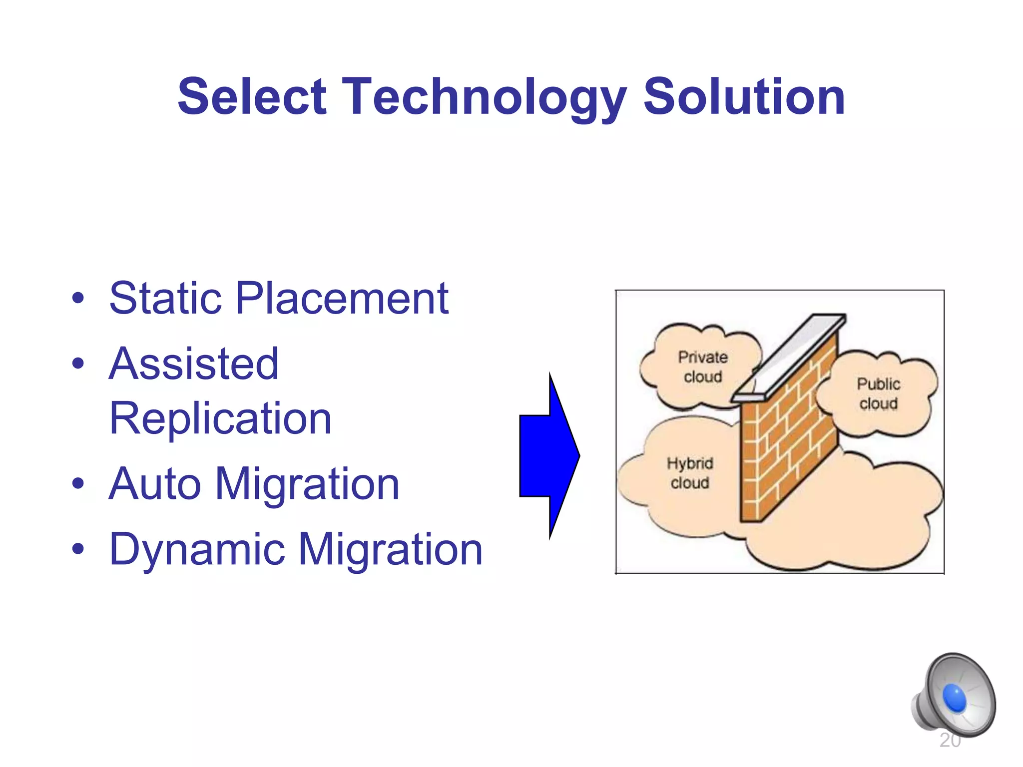 Select Technology Solution


• Static Placement
• Assisted
  Replication
• Auto Migration
• Dynamic Migration



                                 20
 