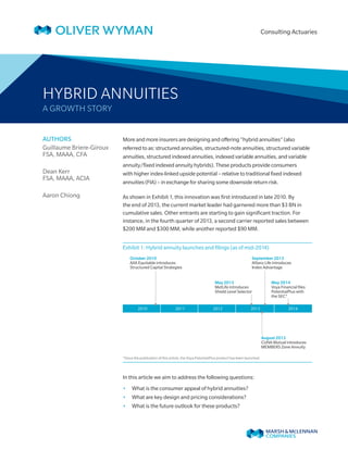 AUTHORS
Guillaume Briere-Giroux
FSA, MAAA, CFA
Dean Kerr
FSA, MAAA, ACIA
Aaron Chiong
HYBRID ANNUITIES
A GROWTH STORY
Consulting Actuaries
More and more insurers are designing and offering “hybrid annuities” (also
referred to as: structured annuities, structured-note annuities, structured variable
annuities, structured indexed annuities, indexed variable annuities, and variable
annuity/fixed indexed annuity hybrids). These products provide consumers
with higher index-linked upside potential – relative to traditional fixed indexed
annuities (FIA) – in exchange for sharing some downside return risk.
As shown in Exhibit 1, this innovation was first introduced in late 2010. By
the end of 2013, the current market leader had garnered more than $3 BN in
cumulative sales. Other entrants are starting to gain significant traction. For
instance, in the fourth quarter of 2013, a second carrier reported sales between
$200 MM and $300 MM, while another reported $90 MM.
Exhibit 1: Hybrid annuity launches and filings (as of mid-2014)
October 2010
AXA Equitable introduces
Structured Capital Strategies
May 2013
MetLife introduces
Shield Level Selector
August 2013
CUNA Mutual introduces
MEMBERS Zone Annuity
September 2013
Allianz Life introduces
Index Advantage
May 2014
Voya Financial ﬁles
PotentialPlus with
the SEC*
2010 2011 2012 2013 2014
*Since the publication of this article, the Voya PotentialPlus product has been launched.
In this article we aim to address the following questions:
•• What is the consumer appeal of hybrid annuities?
•• What are key design and pricing considerations?
•• What is the future outlook for these products?
 