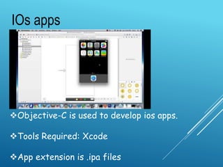 Objective-C is used to develop ios apps.
Tools Required: Xcode
App extension is .ipa files
IOs apps
 