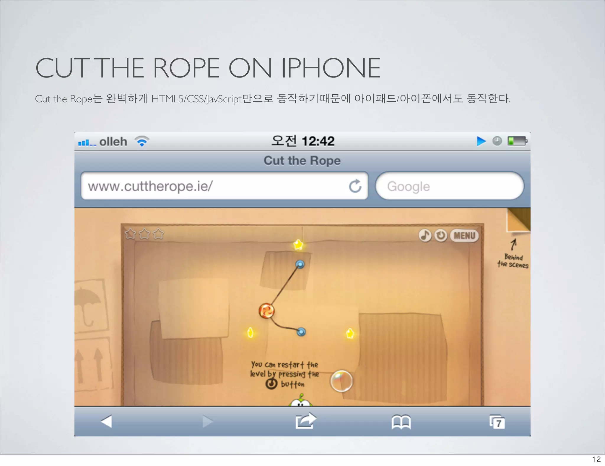 CUT THE ROPE ON IPHONE
Cut the Rope는 완벽하게 HTML5/CSS/JavScript만으로 동작하기때문에 아이패드/아이폰에서도 동작한다.




                                                                      12
 