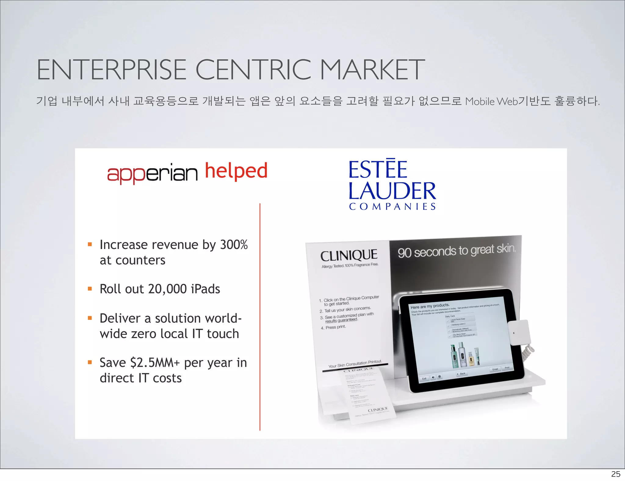 ENTERPRISE CENTRIC MARKET
기업 내부에서 사내 교육용등으로 개발되는 앱은 앞의 요소들을 고려할 필요가 없으므로 Mobile Web기반도 훌륭하다.
       Deploy game-changing retail app worldwide

                          helped


       Increase revenue by 300%
        at counters

       Roll out 20,000 iPads

       Deliver a solution world-
        wide zero local IT touch

       Save $2.5MM+ per year in
        direct IT costs




                                                           Page! 26!

                                                                       25
 