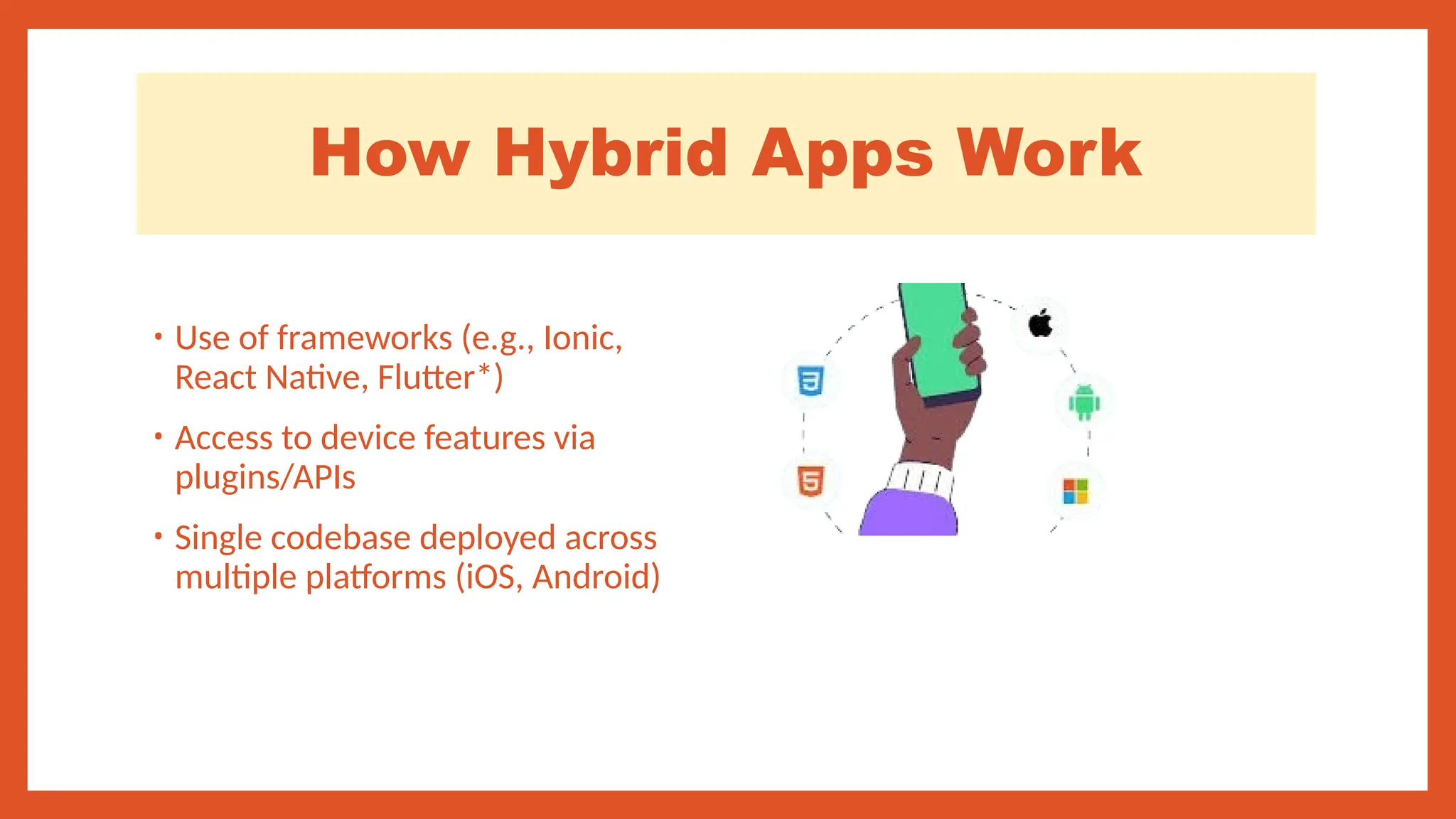 How Hybrid Apps Work
• Use of frameworks (e.g., Ionic,
React Native, Flutter*)
• Access to device features via
plugins/APIs
• Single codebase deployed across
multiple platforms (iOS, Android)
 