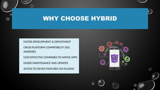 WHY CHOOSE HYBRID
• FASTER DEVELOPMENT & DEPLOYMENT
• CROSS-PLATFORM COMPATIBILITY (IOS,
ANDROID)
• COST-EFFECTIVE COMPARED TO NATIVE APPS
• EASIER MAINTENANCE AND UPDATES
• ACCESS TO DEVICE FEATURES VIA PLUGINS
 