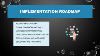 IMPLEMENTATION ROADMAP
• REQUIREMENTS GATHERING
• CHOOSE FRAMEWORK AND TOOLS
• UI/UX DESIGN AND PROTOTYPING
• DEVELOPMENT AND PLUGIN INTEGRATION
• TESTING (MANUAL AND AUTOMATED)
• DEPLOYMENT AND MONITORING
 