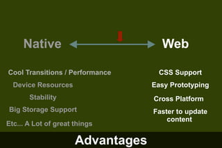 Native

Web

Cool Transitions / Performance

CSS Support

Device Resources

Easy Prototyping

Stability

Cross Platform

Big Storage Support

Faster to update
content

Etc... A Lot of great things

Advantages

 