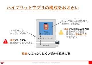 Copyright Ⓒ Kobe Digital Labo , Inc. All rights Reserved 11
ハイブリットアプリの構成をおさらい
HTML
コンテンツ
OS API
ネイティブコード
コルドバとか
ネイティブ部分
HTMLやJavaScriptを使う、
業務ロジック部分
検査ではわかりにくい部分も結構大事
このあたりで結構違反がでる
このあたりは注意がでる注意でも実際ここが大事
業務ロジック部分に
脆弱性が埋もれてる
可能性あり
！
違反が出てても
問題ないところもある
！
 