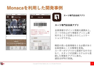 Copyright Ⓒ Kobe Digital Labo , Inc. All rights Reserved 22
Monacaを利用した開発事例
スーツ専門店会員アプリ
スーツ専門店会員アプリ
会員情報やポイント情報の連携あり。
スーツの仕上がり情報をプッシュ通
知することで会員とのコミュニケー
ションができる。
精度の高い会員情報をとる必要があり
会員登録ルートの整理を実施。
ユーザーがアプリから登録するのでは
なく、スタッフが店舗システムから登
録した情報をアプリに表示。
通信はVPNで実施。
 