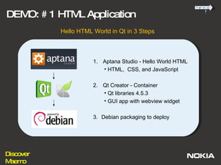 DEMO: # 1 HTML Application Aptana Studio - Hello World HTML HTML,  CSS, and JavaScript 2.  Qt Creator - Container Qt libraries 4.5.3 GUI app with webview widget 3. Debian packaging to deploy Hello HTML World in Qt in 3 Steps 
