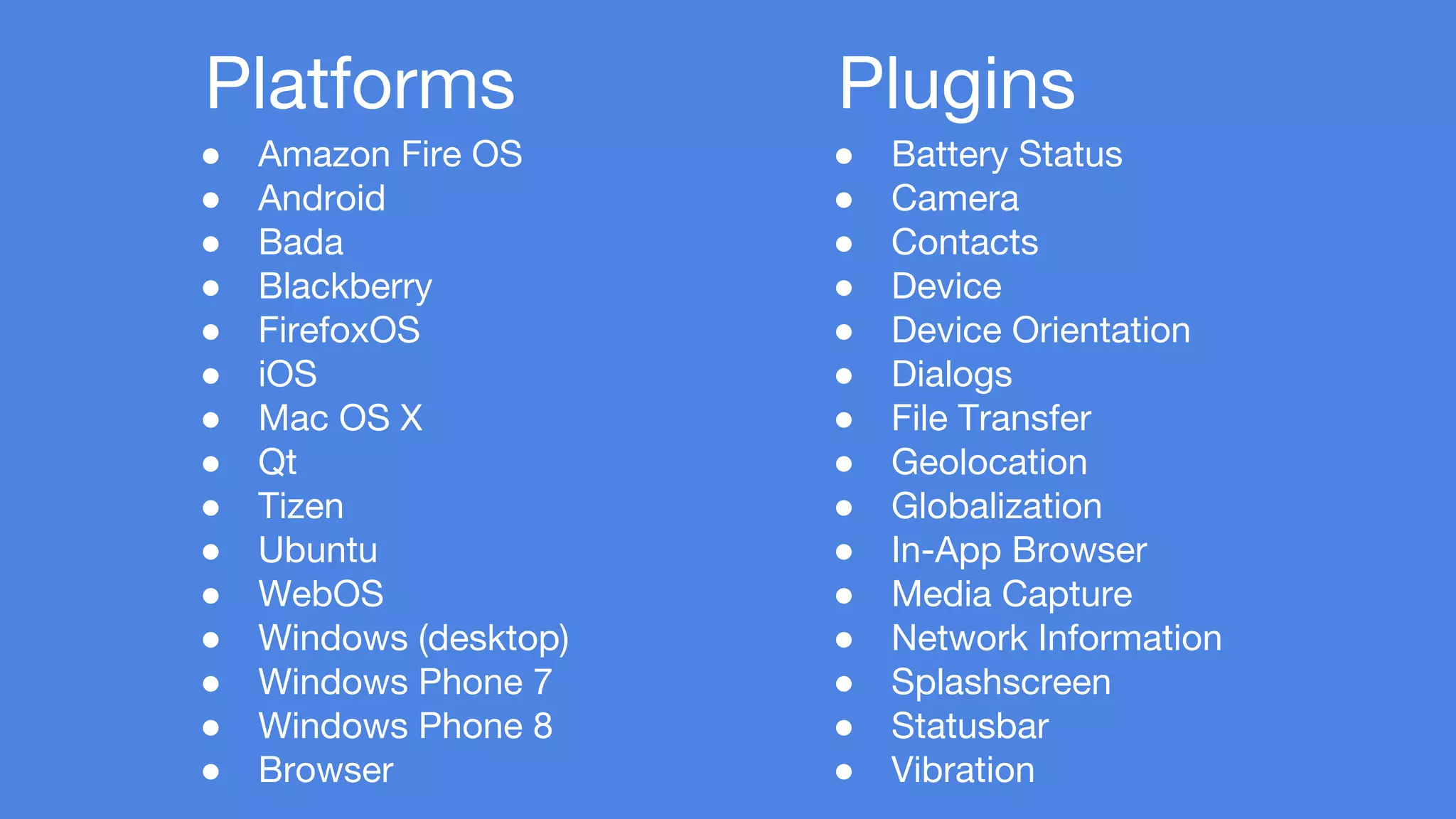● Battery Status 
● Camera 
● Contacts 
● Device 
● Device Orientation 
● Dialogs 
● File Transfer 
● Geolocation 
● Globalization 
● In-App Browser 
● Media Capture 
● Network Information 
● Splashscreen 
● Statusbar 
● Vibration 
Platforms 
● Amazon Fire OS 
● Android 
● Bada 
● Blackberry 
● FirefoxOS 
● iOS 
● Mac OS X 
● Qt 
● Tizen 
● Ubuntu 
● WebOS 
● Windows (desktop) 
● Windows Phone 7 
● Windows Phone 8 
● Browser 
Plugins 
 