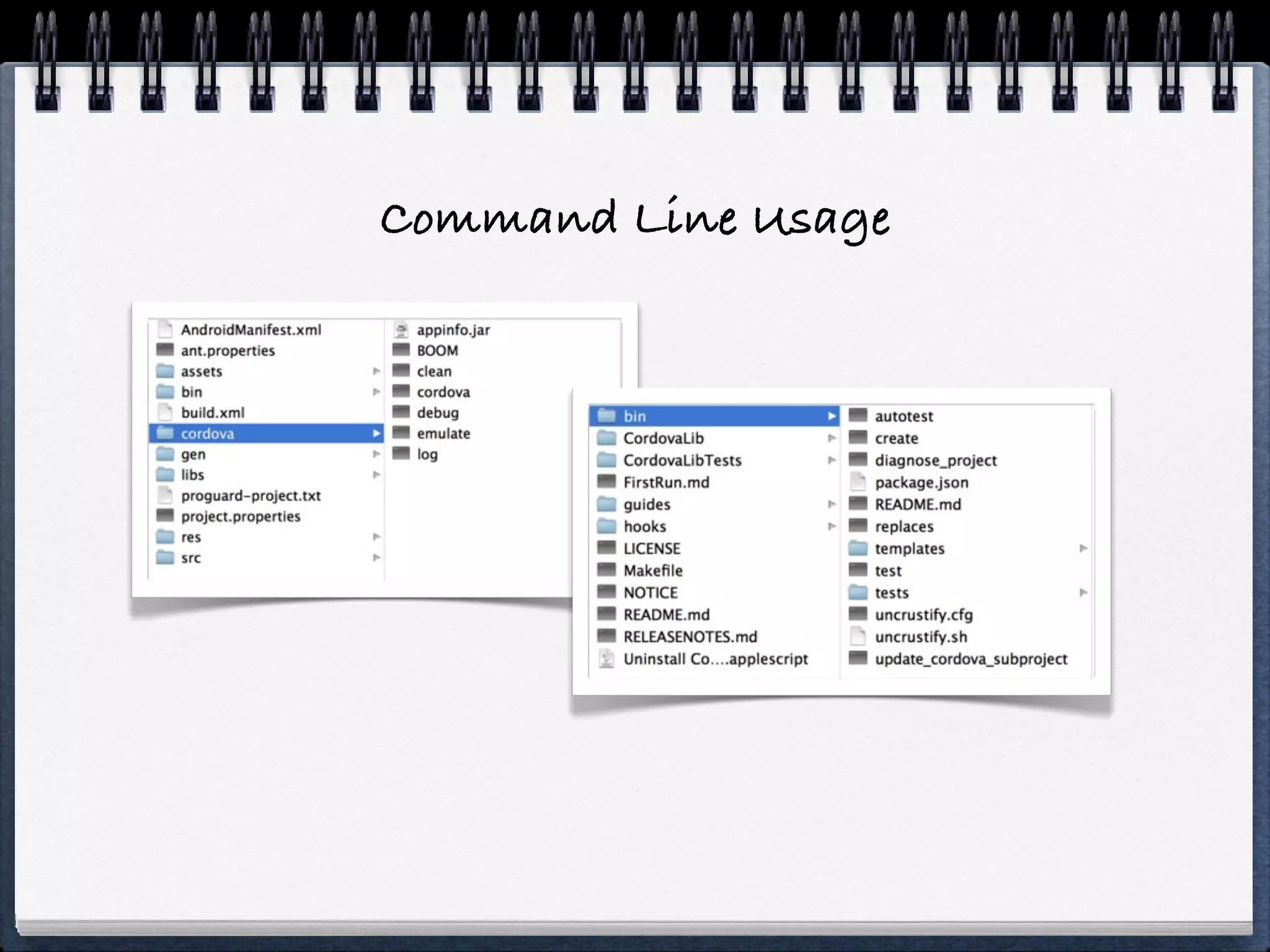 Build
Make Structures for each platform
Compile Javascript
Optimize CSS
Packaging
Deploy to Devices