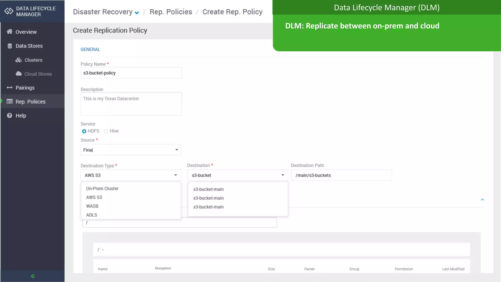 11 © Hortonworks, Inc. 2011-2018. All rights reserved. Hortonworks confidential and proprietary information.
DLM: Replicate between on-prem and cloud
DPS PlatformData Lifecycle Manager (DLM)
 