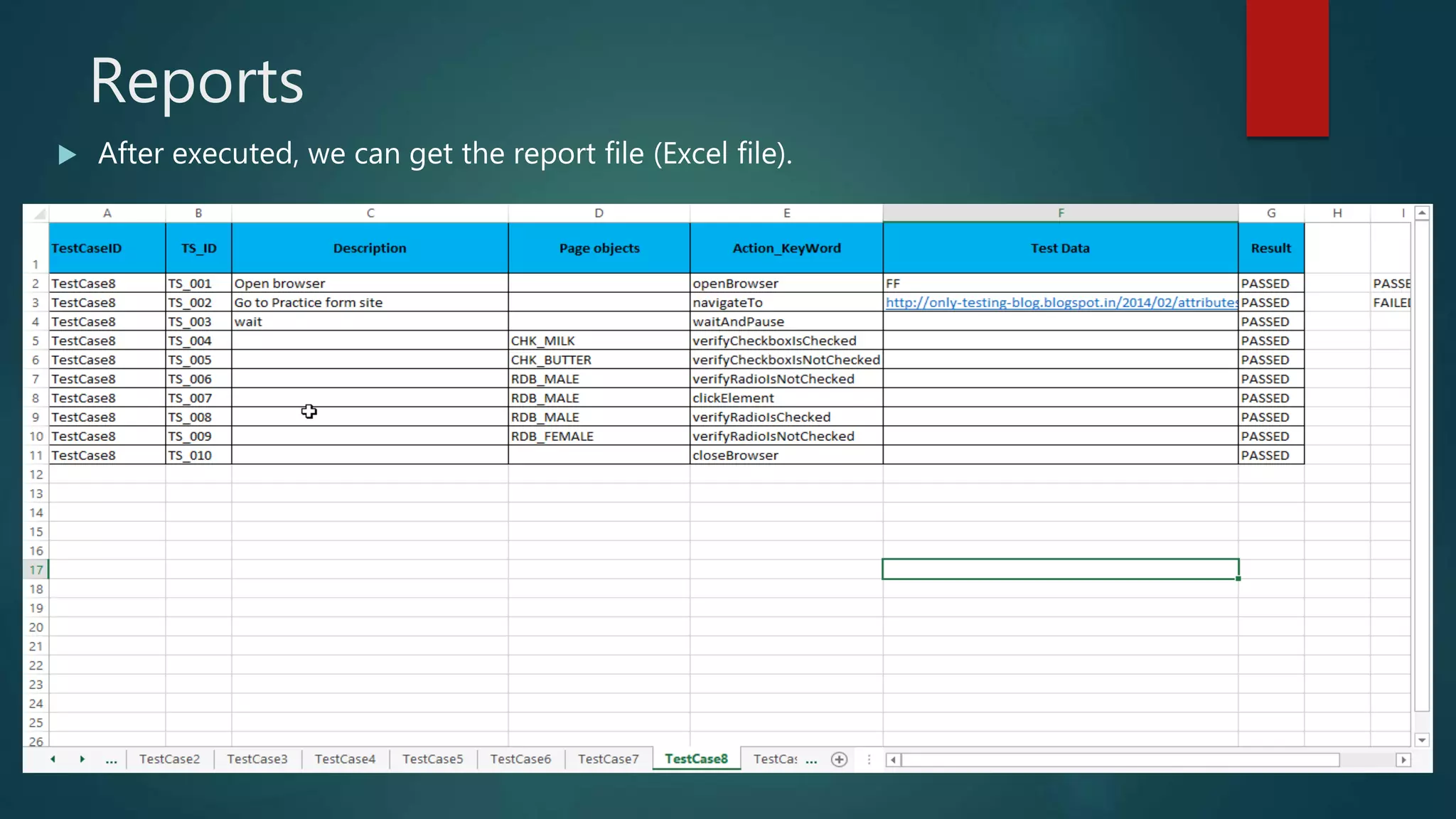 Reports
After executed, we can get the report file (Excel file).