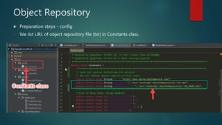 Object Repository
Preparation steps - config
- We list URL of object repository file (txt) in Constants class.