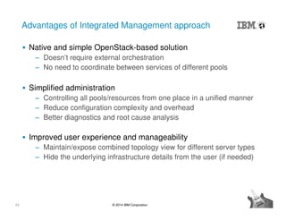 23 © 2014 IBM Corporation
Advantages of Integrated Management approach
Native and simple OpenStack-based solution
‒ Doesn’t require external orchestration
‒ No need to coordinate between services of different pools
Simplified administration
‒ Controlling all pools/resources from one place in a unified manner
‒ Reduce configuration complexity and overhead
‒ Better diagnostics and root cause analysis
Improved user experience and manageability
‒ Maintain/expose combined topology view for different server types
‒ Hide the underlying infrastructure details from the user (if needed)
 