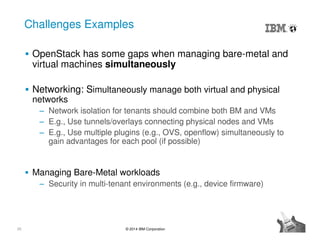 25 © 2014 IBM Corporation
Challenges Examples
OpenStack has some gaps when managing bare-metal and
virtual machines simultaneously
Networking: Simultaneously manage both virtual and physical
networks
‒ Network isolation for tenants should combine both BM and VMs
‒ E.g., Use tunnels/overlays connecting physical nodes and VMs
‒ E.g., Use multiple plugins (e.g., OVS, openflow) simultaneously to
gain advantages for each pool (if possible)
Managing Bare-Metal workloads
‒ Security in multi-tenant environments (e.g., device firmware)
 