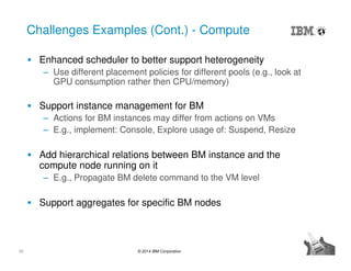 26 © 2014 IBM Corporation
Challenges Examples (Cont.) - Compute
Enhanced scheduler to better support heterogeneity
‒ Use different placement policies for different pools (e.g., look at
GPU consumption rather then CPU/memory)
Support instance management for BM
‒ Actions for BM instances may differ from actions on VMs
‒ E.g., implement: Console, Explore usage of: Suspend, Resize
Add hierarchical relations between BM instance and the
compute node running on it
‒ E.g., Propagate BM delete command to the VM level
Support aggregates for specific BM nodes
 