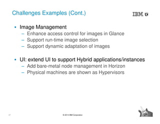 27 © 2014 IBM Corporation
Challenges Examples (Cont.)
Image Management
‒ Enhance access control for images in Glance
‒ Support run-time image selection
‒ Support dynamic adaptation of images
UI: extend UI to support Hybrid applications/instances
‒ Add bare-metal node management in Horizon
‒ Physical machines are shown as Hypervisors
 