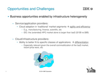8 © 2014 IBM Corporation
Opportunities and Challenges
Business opportunities enabled by infrastructure heterogeneity
‒ Service/application providers:
• Cloud adoption in ‘traditional’ market segments agility and efficiency
– E.g., manufacturing, finance, scientific, etc
– IDC: the (extended) HPC market alone is larger than IaaS ($15B vs $9B)
‒ Cloud/infrastructure providers:
• Ability to better fit to specific classes of applications differentiation
– Especially relevant given the overall commoditization of the IaaS market,
recent price wars, etc
 