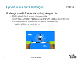 9 © 2014 IBM Corporation
Opportunities and Challenges
Challenge: cloud infrastructure natively designed for:
‒ Underlying infrastructure heterogeneity
‒ Ability to seamlessly host applications with special requirements
‒ Still preserve the characteristics of the cloud model
• Agility, efficiency, elasticity, etc
 