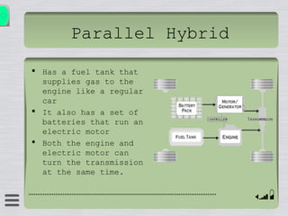 Parallel Hybrid
 Has a fuel tank that
supplies gas to the
engine like a regular
car
 It also has a set of
batteries that run an
electric motor
 Both the engine and
electric motor can
turn the transmission
at the same time.
 