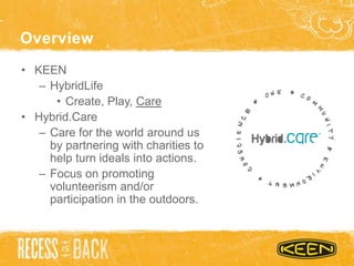 • KEEN
– HybridLife
• Create, Play, Care
• Hybrid.Care
– Care for the world around us
by partnering with charities to
help turn ideals into actions.
– Focus on promoting
volunteerism and/or
participation in the outdoors.
Overview
 