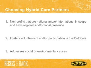 Choosing Hybrid.Care Partners
1. Non-profits that are national and/or international in scope
and have regional and/or local presence
2. Fosters volunteerism and/or participation in the Outdoors
3. Addresses social or environmental causes
 