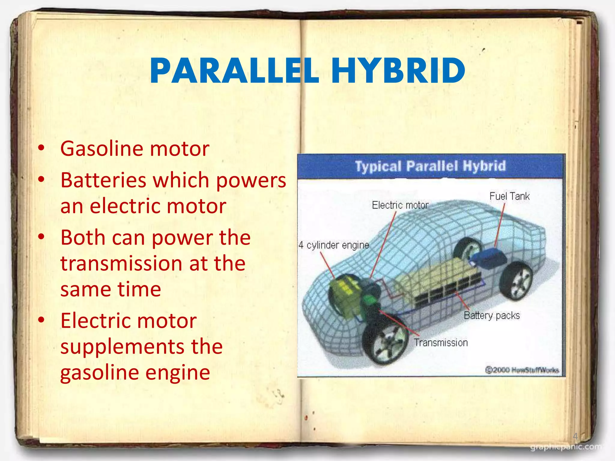 4
PARALLEL HYBRID
• Gasoline motor
• Batteries which powers
an electric motor
• Both can power the
transmission at the
same time
• Electric motor
supplements the
gasoline engine
 