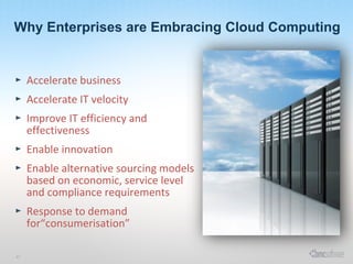 Why Enterprises are Embracing Cloud Computing

Accelerate business
Accelerate IT velocity
Improve IT efficiency and
effectiveness
Enable innovation
Enable alternative sourcing models
based on economic, service level
and compliance requirements
Response to demand
for“consumerisation”
47

 