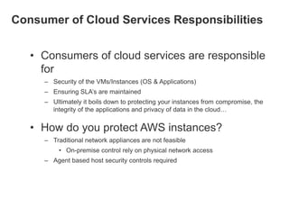 Consumer of Cloud Services Responsibilities
• Consumers of cloud services are responsible
for
– Security of the VMs/Instances (OS & Applications)
– Ensuring SLA’s are maintained

– Ultimately it boils down to protecting your instances from compromise, the
integrity of the applications and privacy of data in the cloud…

• How do you protect AWS instances?
– Traditional network appliances are not feasible
• On-premise control rely on physical network access
– Agent based host security controls required

 