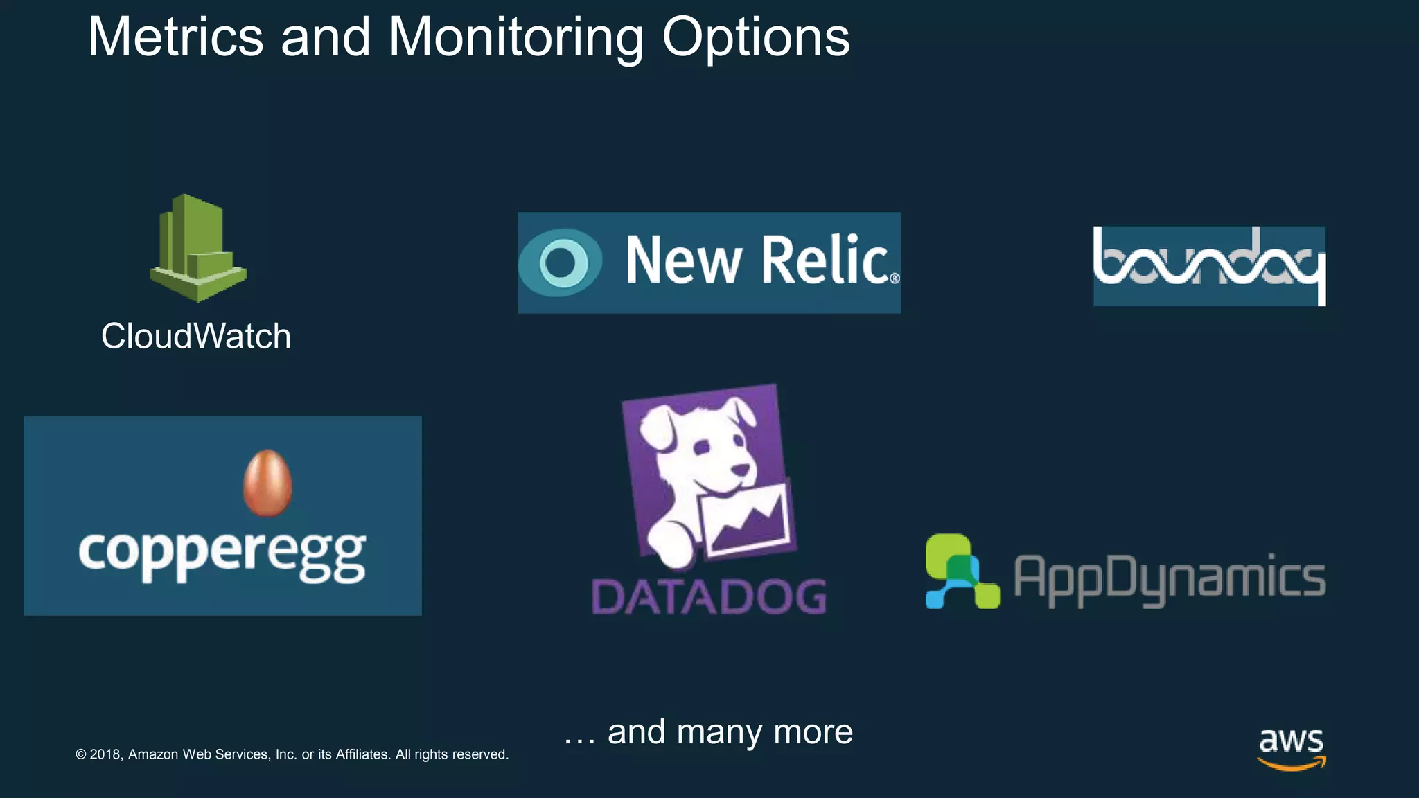 © 2018, Amazon Web Services, Inc. or its Affiliates. All rights reserved.
Metrics and Monitoring Options
CloudWatch
… and many more
 
