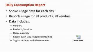 Daily Consumption Report
• Shows usage data for each day
• Reports usage for all products, all vendors
• Data includes:
– Vendors
– Products/Services
– Usage quantity
– Cost of each IaaS resource consumed
– Tags associated with the resources
 