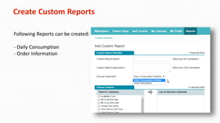 Create Custom Reports
Following Reports can be created:
- Daily Consumption
- Order Information
 