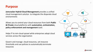 Purpose
Jamcracker Hybrid Cloud Management provides a unified
cloud management solution to integrate the disparate cloud
environments
Allows you to control your cloud resources from both Public
& Private cloud platforms with automation, orchestration,
policy enforcement and management tools
Helps IT to rein cloud sprawl while enterprises adopt cloud
services across the organization
Govern and manage cloud resources, set resource
thresholds and use policies to automatically terminate
resources
2
 