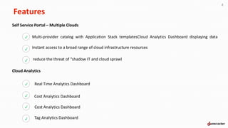 Features
4
Self Service Portal – Multiple Clouds
Multi-provider catalog with Application Stack templatesCloud Analytics Dashboard displaying data
Instant access to a broad range of cloud infrastructure resources
reduce the threat of “shadow IT and cloud sprawl
Cloud Analytics
p
p
p
p
p
p
p
Real Time Analytics Dashboard
Cost Analytics Dashboard
Tag Analytics Dashboard
Cost Analytics Dashboard
 