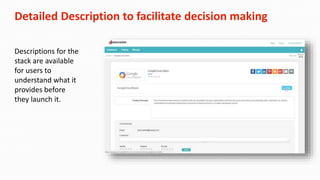 Detailed Description to facilitate decision making
Descriptions for the
stack are available
for users to
understand what it
provides before
they launch it.
 