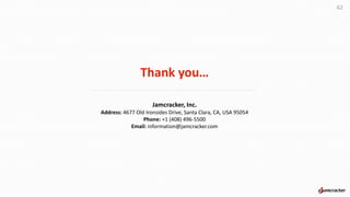 Thank you…
62
Jamcracker, Inc.
Address: 4677 Old Ironsides Drive, Santa Clara, CA, USA 95054
Phone: +1 (408) 496-5500
Email: information@jamcracker.com
 