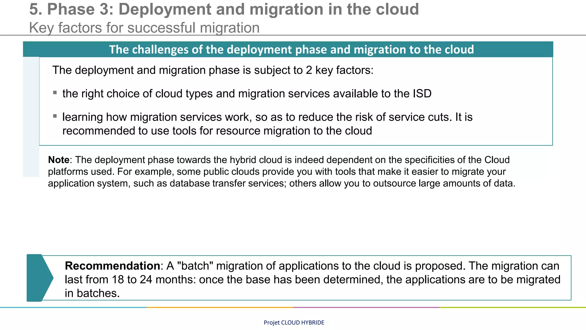 Projet CLOUD HYBRIDE
5. Phase 3: Deployment and migration in the cloud
Key factors for successful migration
The deployment and migration phase is subject to 2 key factors:
▪ the right choice of cloud types and migration services available to the ISD
▪ learning how migration services work, so as to reduce the risk of service cuts. It is
recommended to use tools for resource migration to the cloud
Note: The deployment phase towards the hybrid cloud is indeed dependent on the specificities of the Cloud
platforms used. For example, some public clouds provide you with tools that make it easier to migrate your
application system, such as database transfer services; others allow you to outsource large amounts of data.
The challenges of the deployment phase and migration to the cloud
Recommendation: A "batch" migration of applications to the cloud is proposed. The migration can
last from 18 to 24 months: once the base has been determined, the applications are to be migrated
in batches.
 