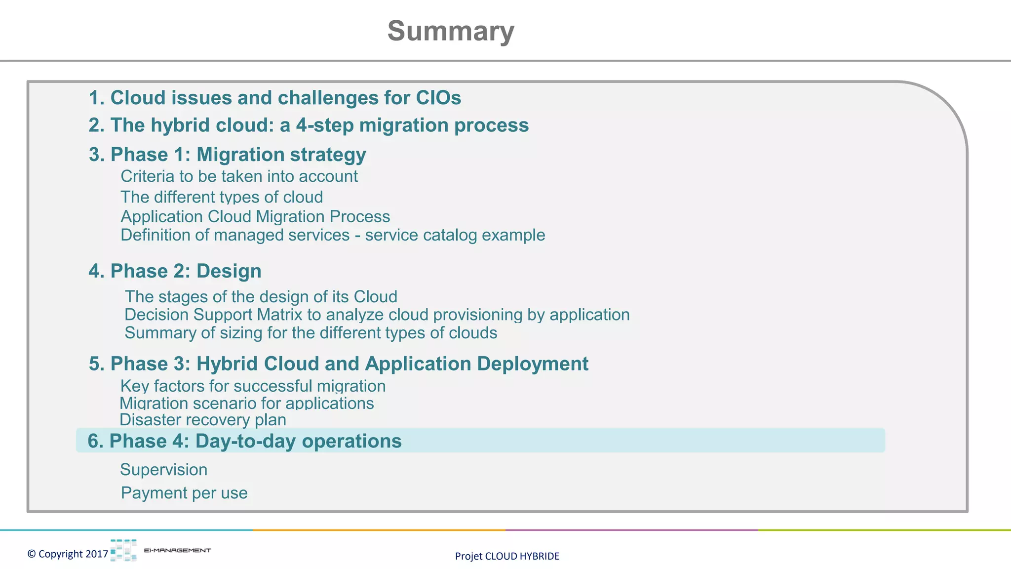 Projet CLOUD HYBRIDE
© Copyright 2017
Summary
1. Cloud issues and challenges for CIOs
2. The hybrid cloud: a 4-step migration process
6. Phase 4: Day-to-day operations
Key factors for successful migration
Migration scenario for applications
Disaster recovery plan
4. Phase 2: Design
5. Phase 3: Hybrid Cloud and Application Deployment
Supervision
Payment per use
3. Phase 1: Migration strategy
Criteria to be taken into account
The different types of cloud
Application Cloud Migration Process
Definition of managed services - service catalog example
Decision Support Matrix to analyze cloud provisioning by application
Summary of sizing for the different types of clouds
The stages of the design of its Cloud
 
