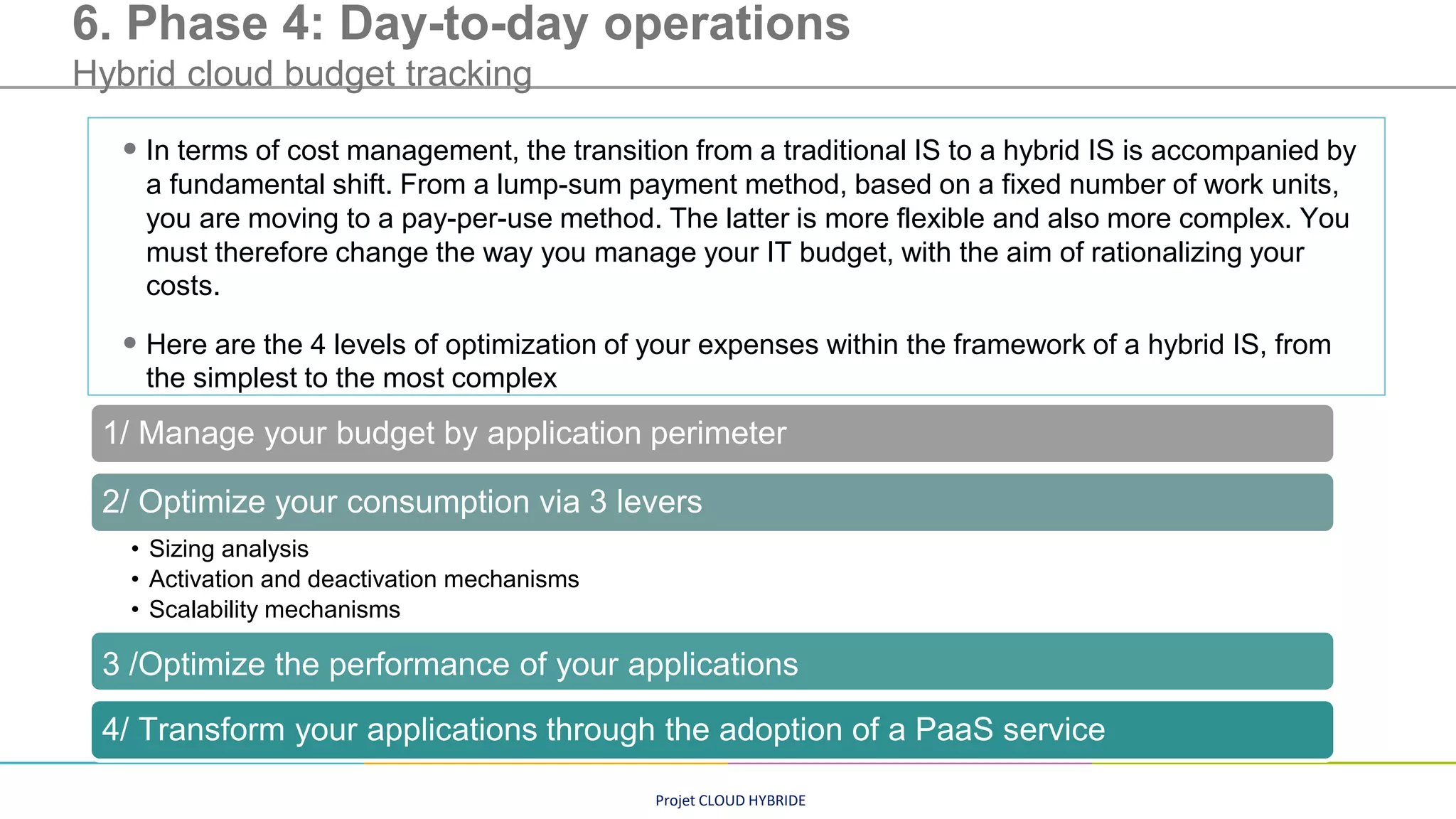 Projet CLOUD HYBRIDE
6. Phase 4: Day-to-day operations
Hybrid cloud budget tracking
• In terms of cost management, the transition from a traditional IS to a hybrid IS is accompanied by
a fundamental shift. From a lump-sum payment method, based on a fixed number of work units,
you are moving to a pay-per-use method. The latter is more flexible and also more complex. You
must therefore change the way you manage your IT budget, with the aim of rationalizing your
costs.
• Here are the 4 levels of optimization of your expenses within the framework of a hybrid IS, from
the simplest to the most complex
1/ Manage your budget by application perimeter
2/ Optimize your consumption via 3 levers
• Sizing analysis
• Activation and deactivation mechanisms
• Scalability mechanisms
3 /Optimize the performance of your applications
4/ Transform your applications through the adoption of a PaaS service
 