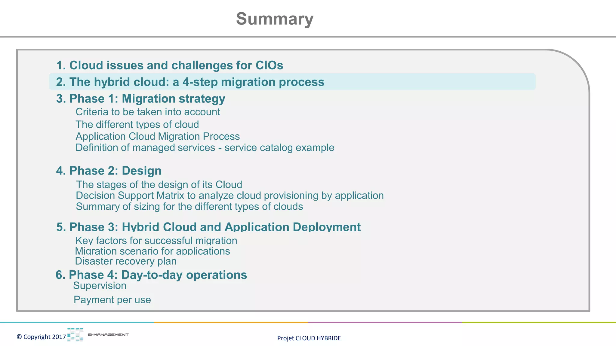 Projet CLOUD HYBRIDE
© Copyright 2017
Summary
1. Cloud issues and challenges for CIOs
2. The hybrid cloud: a 4-step migration process
3. Phase 1: Migration strategy
4. Phase 2: Design
5. Phase 3: Hybrid Cloud and Application Deployment
6. Phase 4: Day-to-day operations
Supervision
Payment per use
Key factors for successful migration
Migration scenario for applications
Disaster recovery plan
3. Phase 1: Migration strategy
Criteria to be taken into account
The different types of cloud
Application Cloud Migration Process
Definition of managed services - service catalog example
Decision Support Matrix to analyze cloud provisioning by application
Summary of sizing for the different types of clouds
The stages of the design of its Cloud
 
