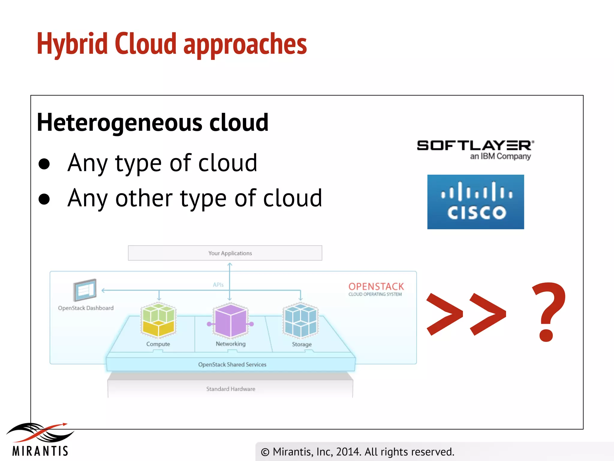 Hybrid Cloud approaches
Heterogeneous cloud
● Any type of cloud
● Any other type of cloud
>> ?
 