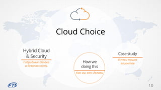 10
Cloud Choice
Гибридные облака
и безопасность
Hybrid Cloud
& Security
Как мы это делаем
How we
doing this
Успехи наших
клиентов
Case study
 