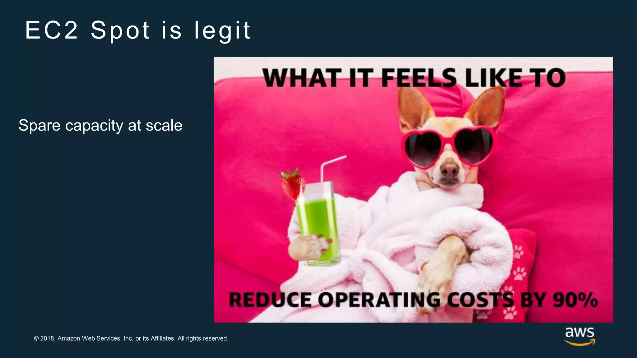 © 2018, Amazon Web Services, Inc. or its Affiliates. All rights reserved.
EC2 Spot is legit
Spare capacity at scale
 