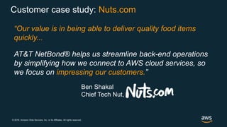 © 2018, Amazon Web Services, Inc. or its Affiliates. All rights reserved.
Customer case study: Nuts.com
“Our value is in being able to deliver quality food items
quickly...
AT&T NetBond® helps us streamline back-end operations
by simplifying how we connect to AWS cloud services, so
we focus on impressing our customers.”
Ben Shakal
Chief Tech Nut,
 
